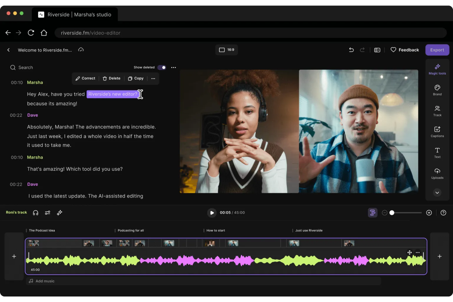 Riverside screenshot - I 14 migliori software gratuiti per registrare podcast nel 2026