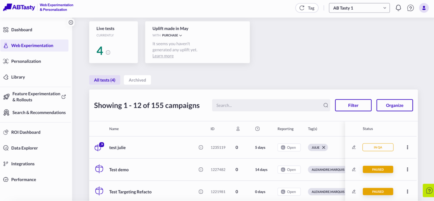 AB Tasty screenshot - 10 migliori alternative a Optimizely recensite nel 2026