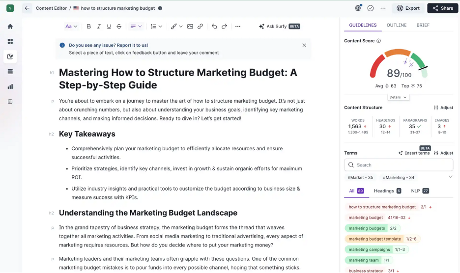 Surfer SEO screenshot - 10 beste gratis AI-marketingtools beoordeeld in 2026