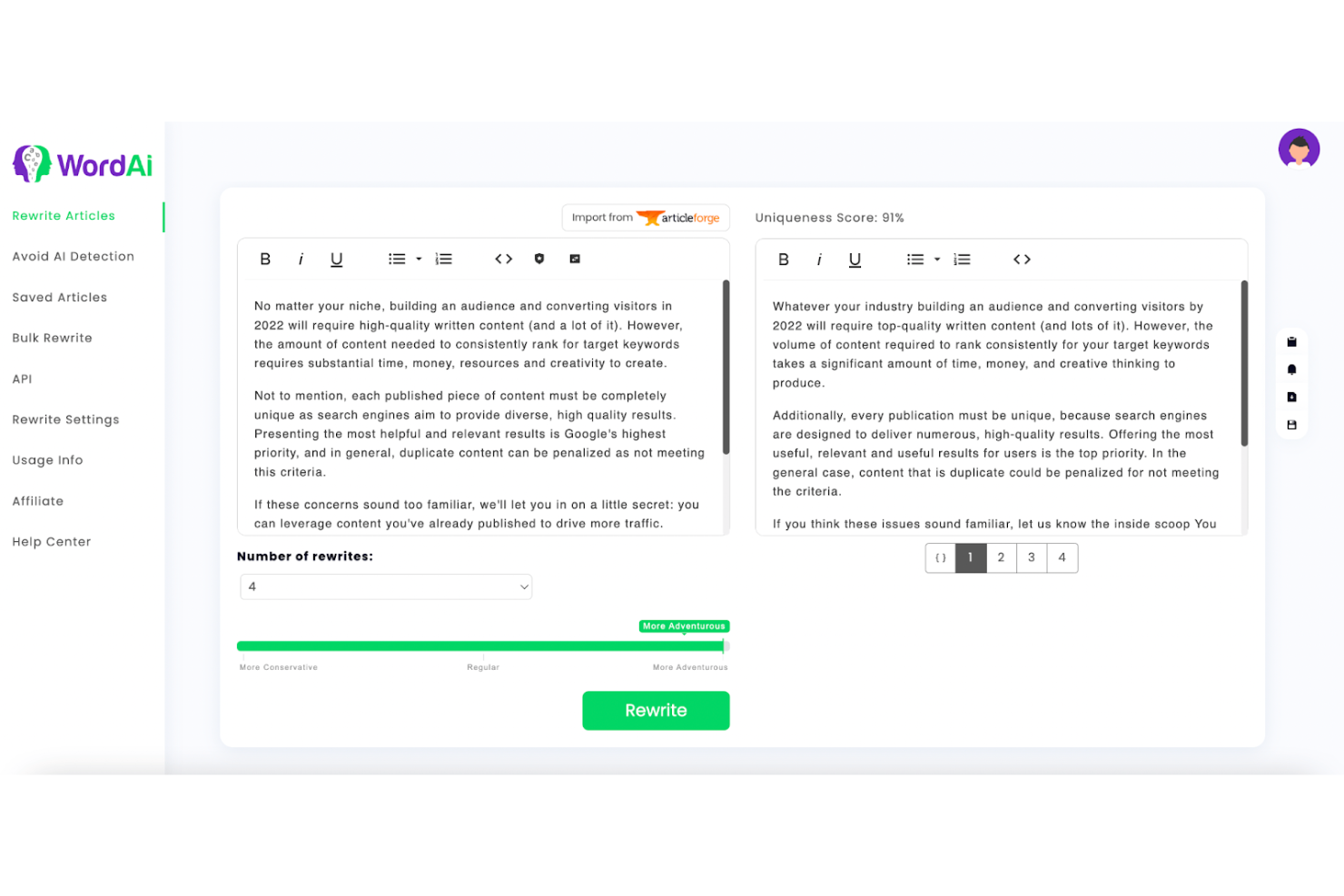 WordAi screenshot - 10 beste alternatieven voor Jasper AI beoordeeld in 2026