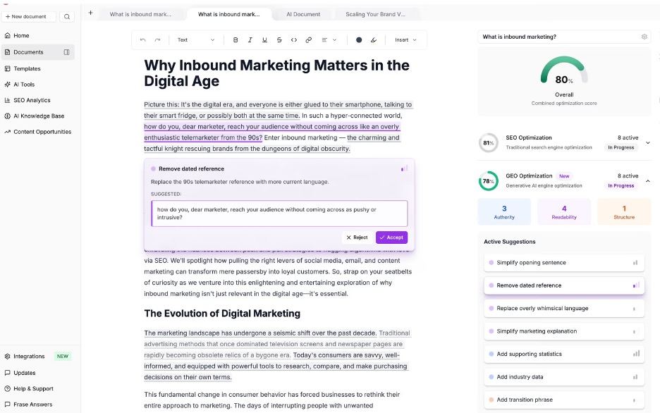 Frase screenshot - Les 10 meilleures alternatives à Copy.ai évaluées en 2026