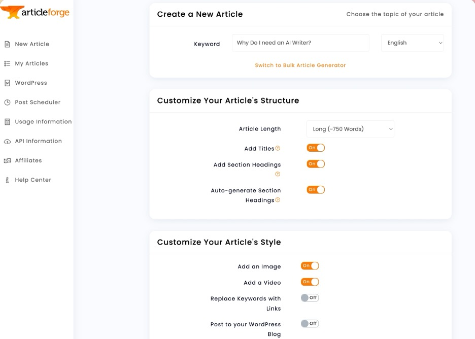 Article Forge screenshot - Le 10 migliori alternative a Copy.ai recensite nel 2026