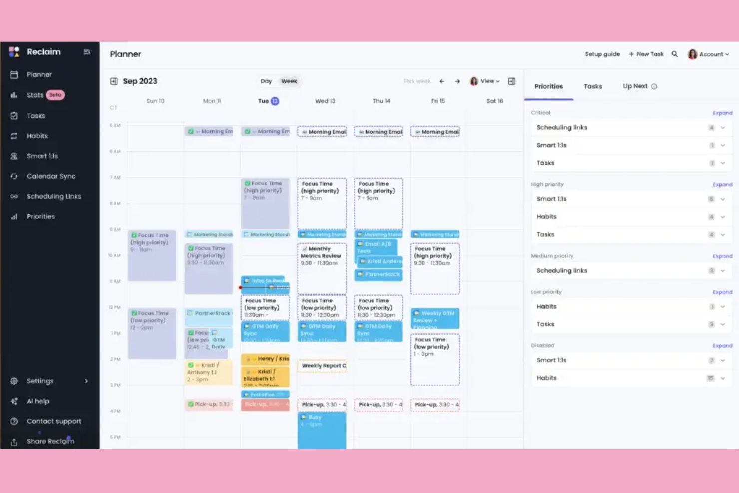 Reclaim screenshot - 10 alternatives à Basecamp sélectionnées pour 2026