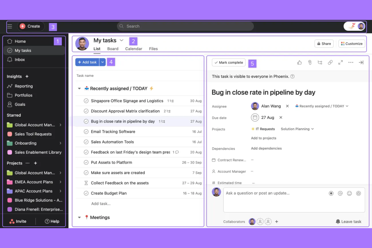 Asana screenshot - 10 alternativas a Basecamp seleccionadas para 2026