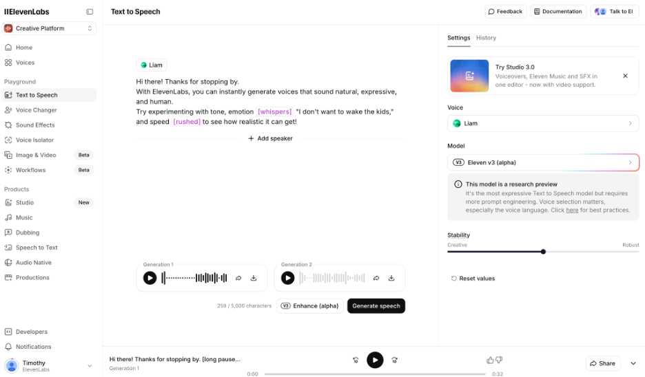 ElevenLabs screenshot - 10 meilleures alternatives à Murf AI évaluées en 2026