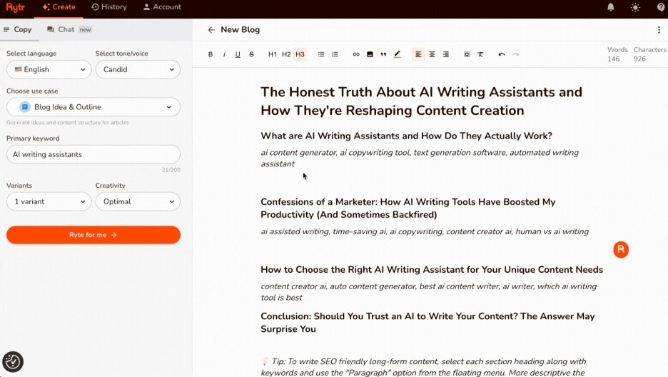 Rytr screenshot - Las 10 mejores alternativas a Copy.ai analizadas en 2026