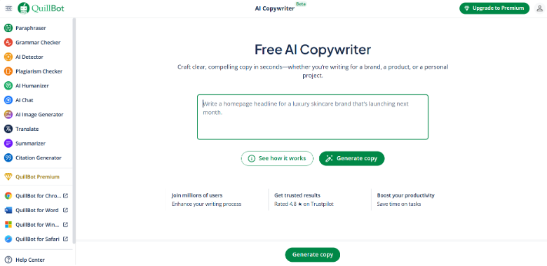 QuillBot screenshot - Le 10 migliori alternative a Copy.ai recensite nel 2026