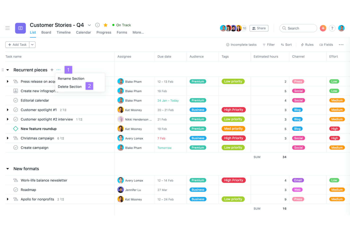 Asana screenshot - 10 Migliori alternative a monday.com recensite nel 2026