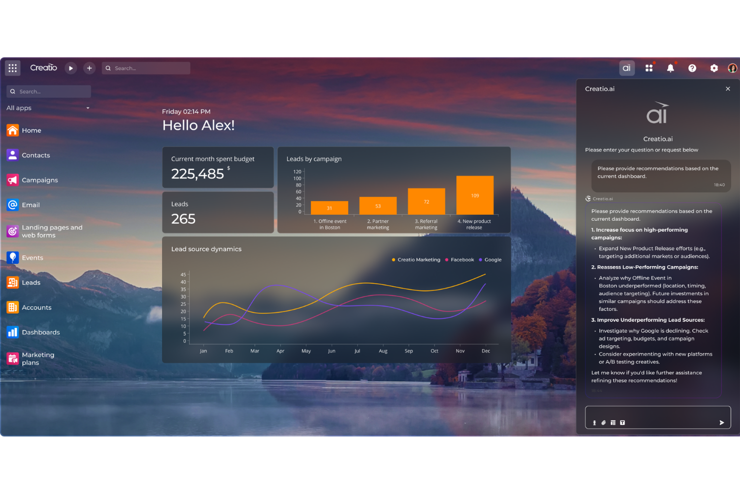 Marketing Creatio automates campaigns and tracks leads across channels.