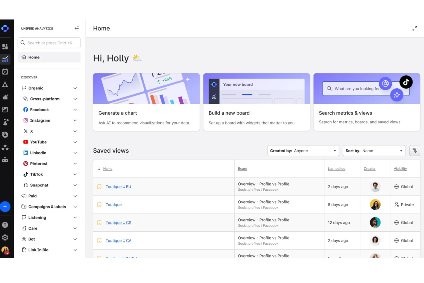 Emplifi centralizes social metrics into customizable dashboards for insights.