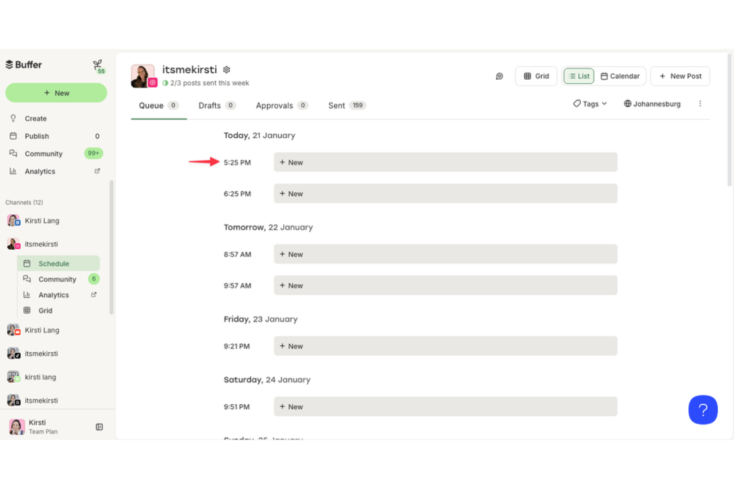 Buffer dashboard to schedule, manage, and track posts across channels.
