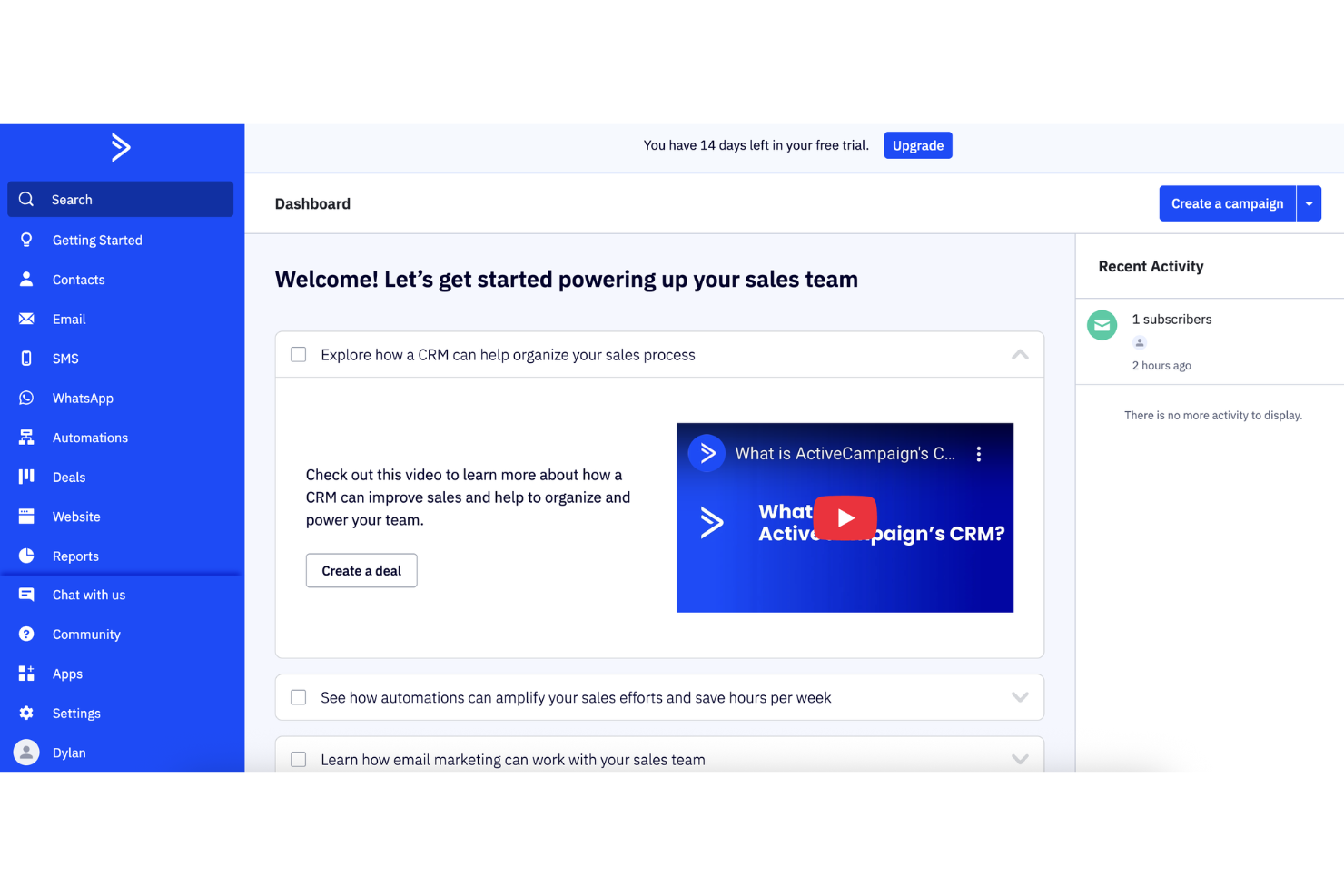 ActiveCampaign’s dashboard for managing contacts, campaigns, and automations.