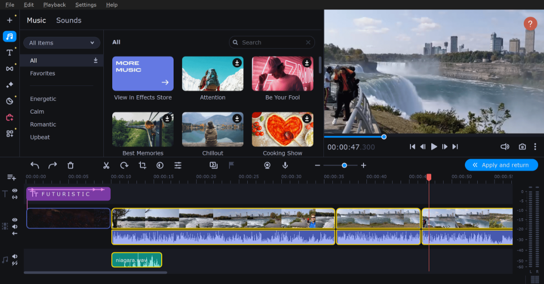 Movavi Video Editor edits videos with cuts, effects, and audio adjustments.
