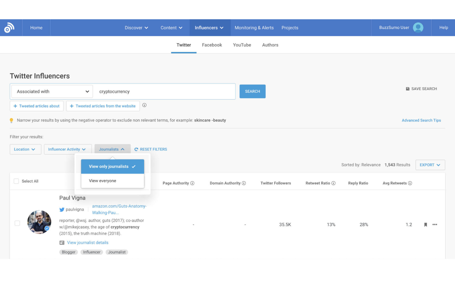 BuzzSumo dashboard discovers influencers, filters results, and tracks engagement metrics.