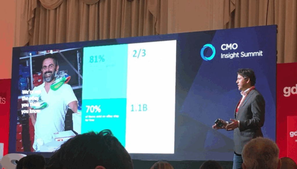 A photo of the speaker presenting at the CMO Insight Summit