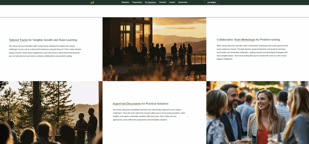 Screenshot of the IRL conference experience page