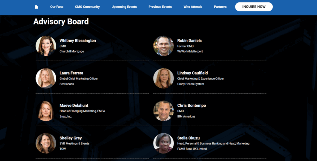Screenshot of the CMO Series conference advisory board page