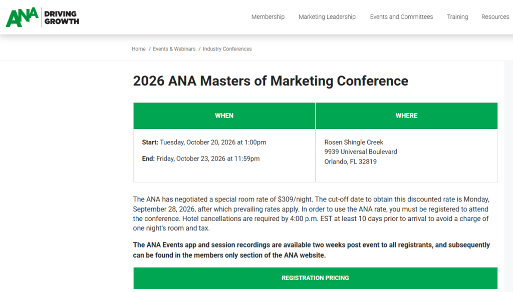 ANA Masters of Marketing Conference 2026 and registration dates