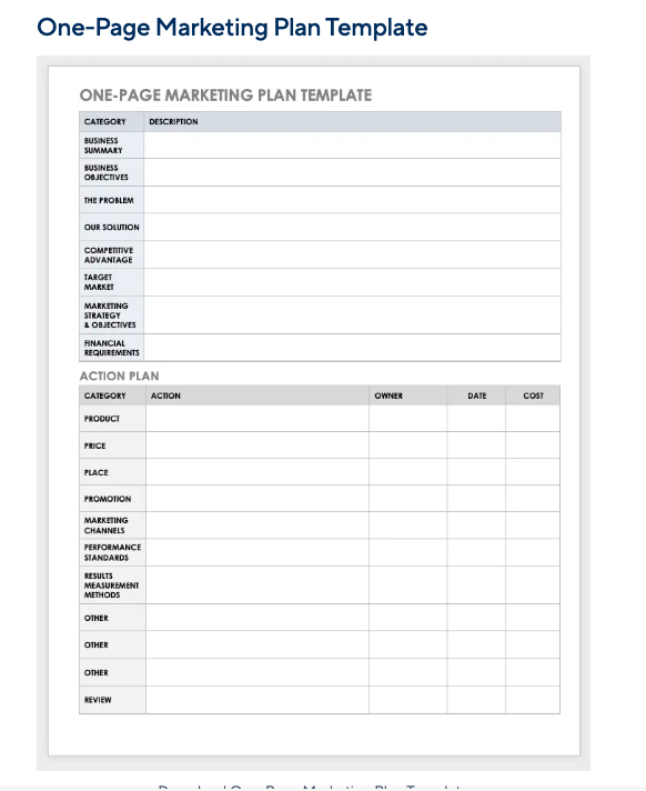 Smartsheet one-page marketing plan template