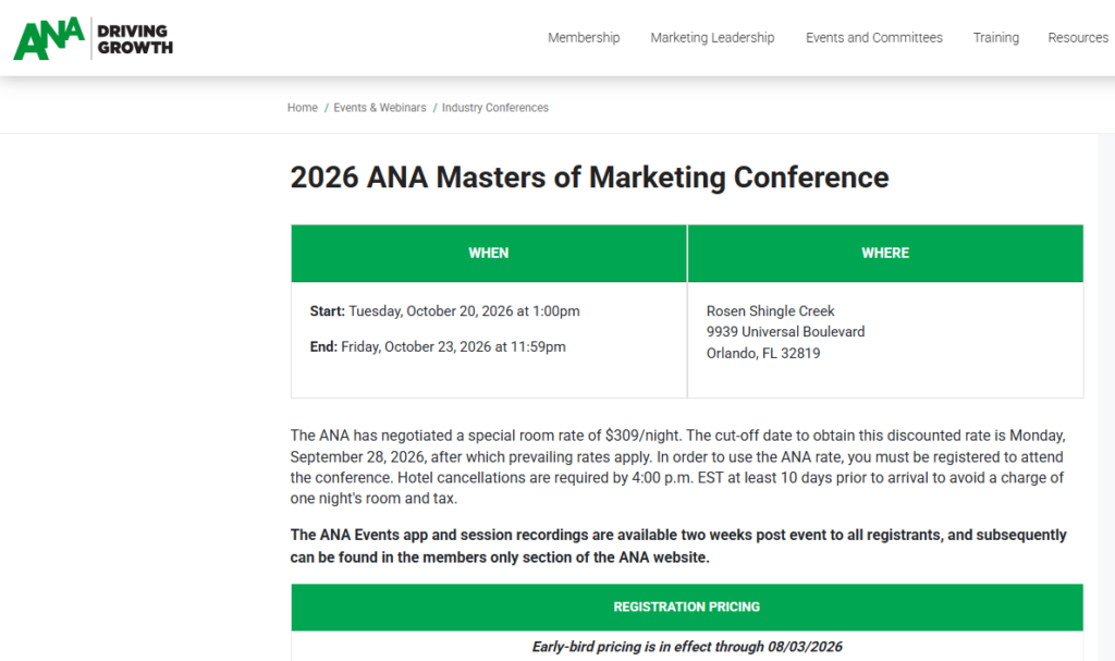 Screenshot of the ANA Masters of Marketing Conference 2026 web page