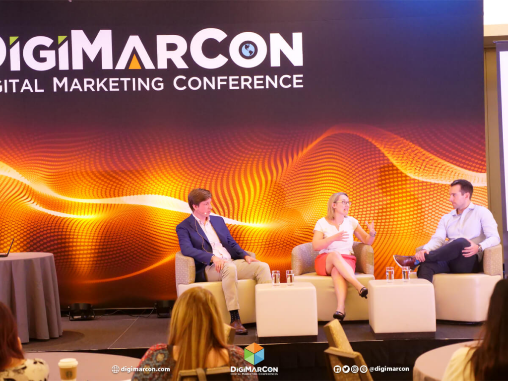 A live panel session discussing digital marketing insights at DigiMarCon