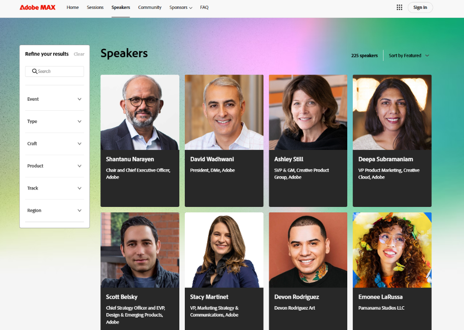 Screenshot of the Adobe MAX conference speakers page