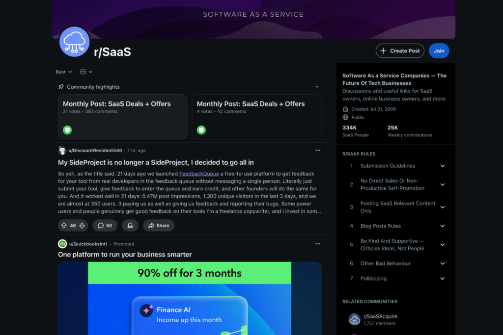 Reddit's r/SaaS channel screenshot