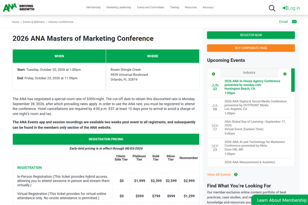 ANA Masters of Marketing Conference event page with registration and schedule details