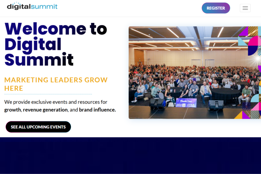 Digital Summit homepage featuring a large audience of marketing professionals