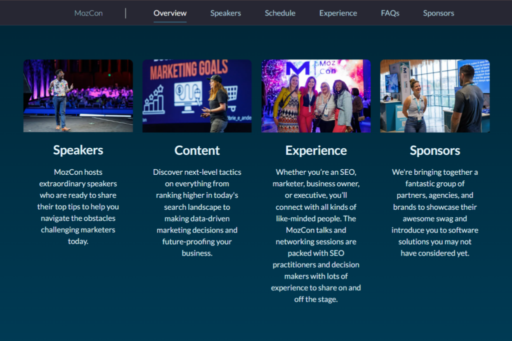 MozCon overview page featuring key conference elements