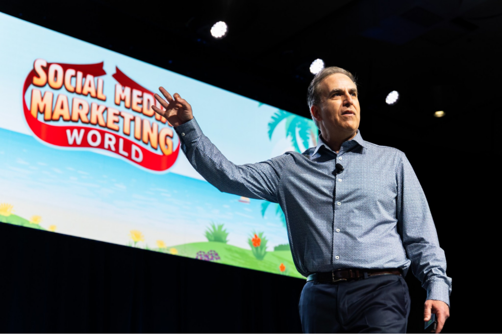 Founder of Social Media Examiner, Michael Stelzner on the SMMW25 stage