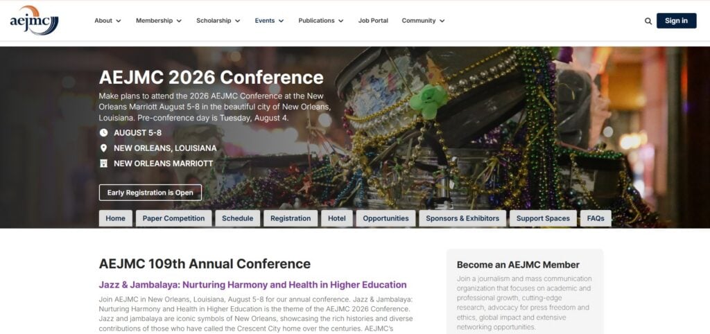 Landing page of the AEJMC 2026 Conference