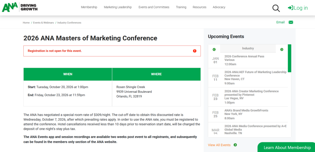ANA Masters of Marketing Conference 2026 event page showcasing schedule and venue details for senior marketing leaders.