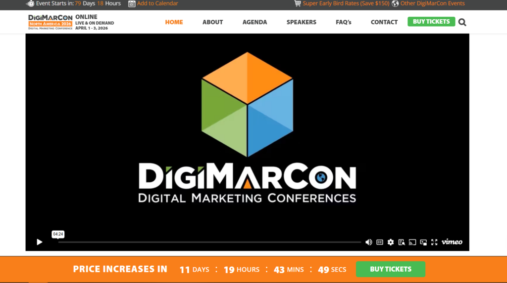 DigiMarCon North America 2026 digital marketing conference homepage with event branding and countdown timer