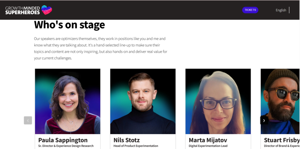 Growth Minded Superheroes Conference speaker lineup page highlighting experts from growth marketing conferences.