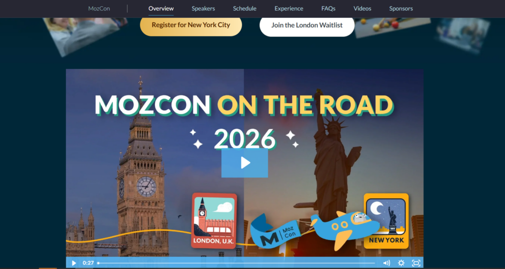 MozCon On The Road 2026 video cover featuring London and New York locations for SEO and growth-focused marketing conferences
