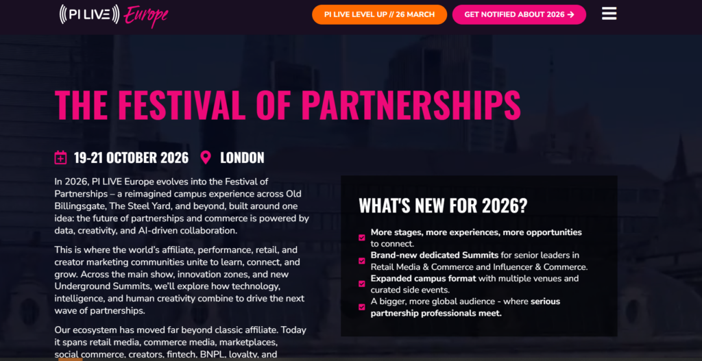 PI LIVE Europe 2026 conference website showcasing the Festival of Partnerships concept in London.