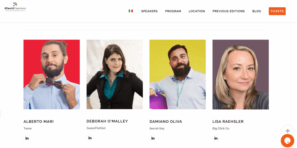 Screenshot of the AdWorld Experience conference speakers page
