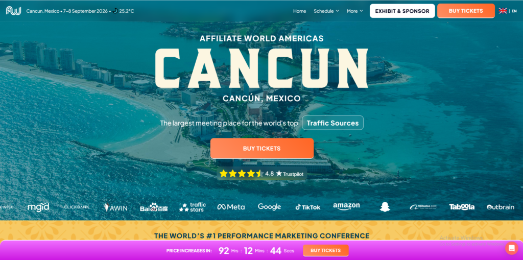 Website screenshot of The Affiliate World Americas 2026