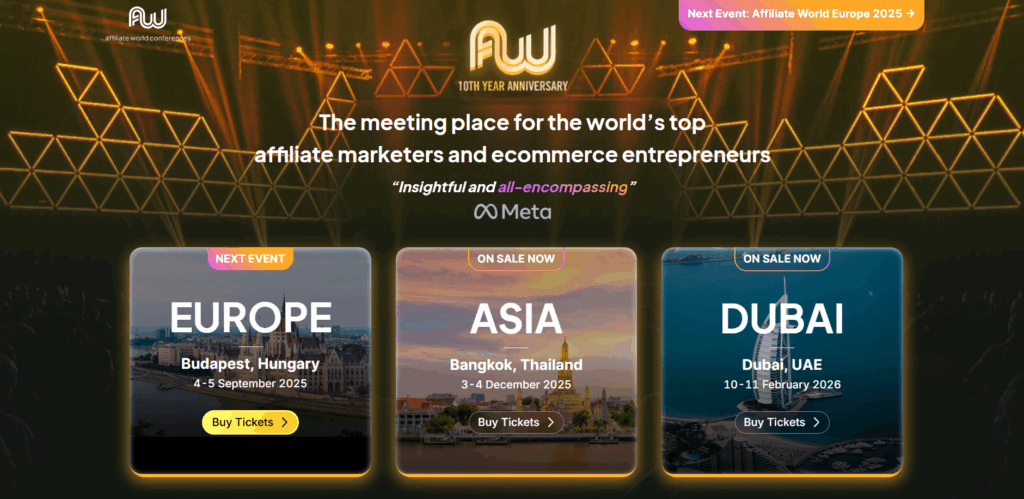 Screenshot of the Affiliate World Conferences landing page