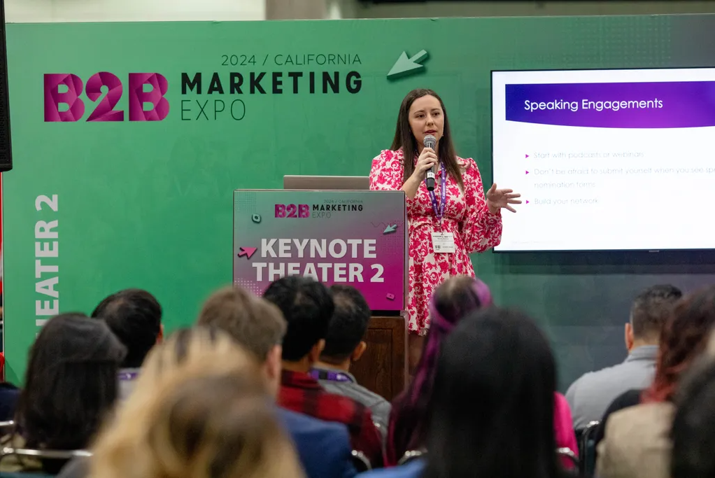 A photo of a speaker presenting on the stage during the previous B2BMarketing Expo conference