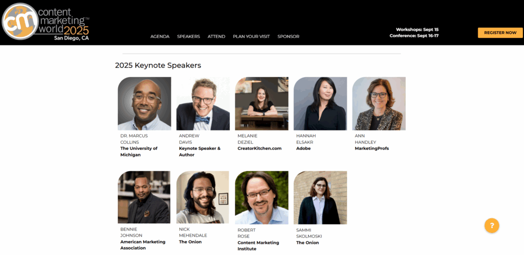 Screenshot of the Content Marketing World conference speakers page