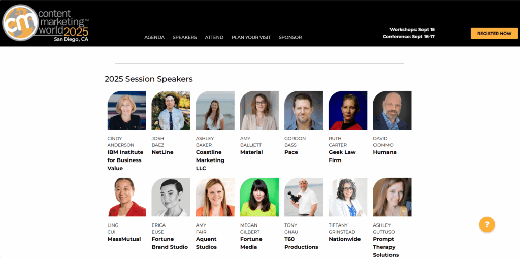 Screenshot of the Content Marketing World 2025 session speakers page