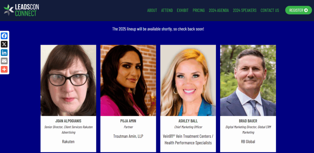 The LeadsCon Connect conference speakers page screenshot