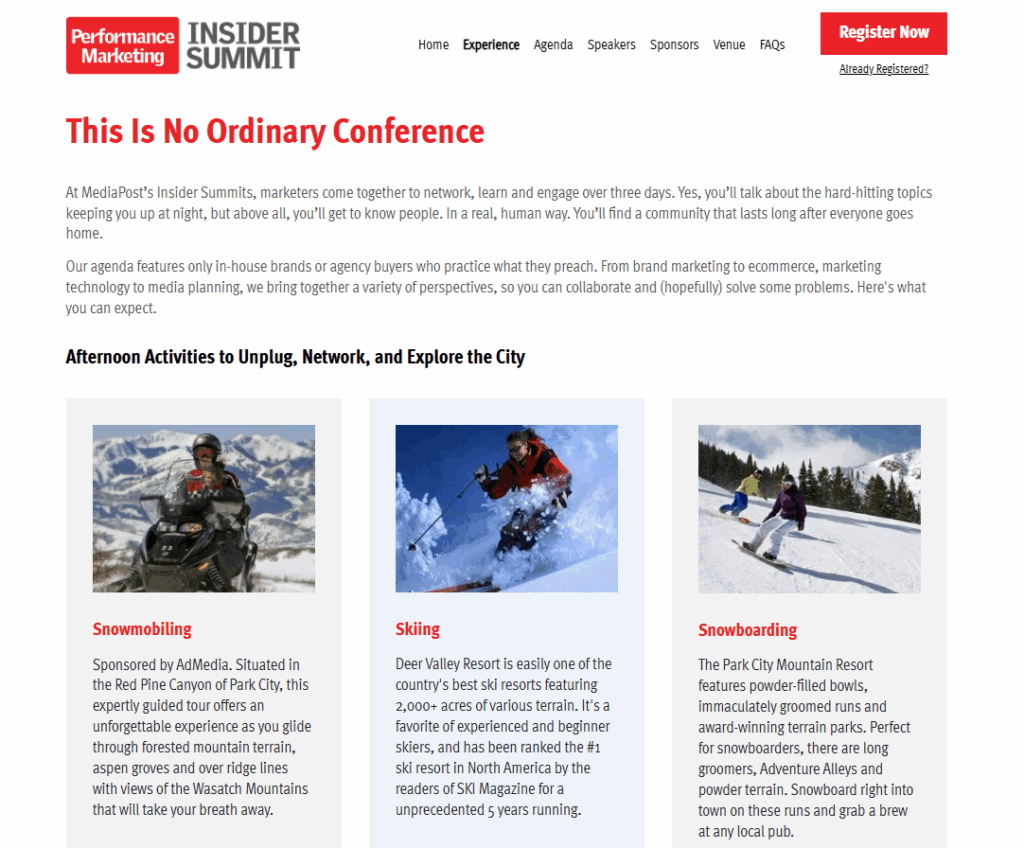 The Performance Marketing Insider Summit experience page screenshot