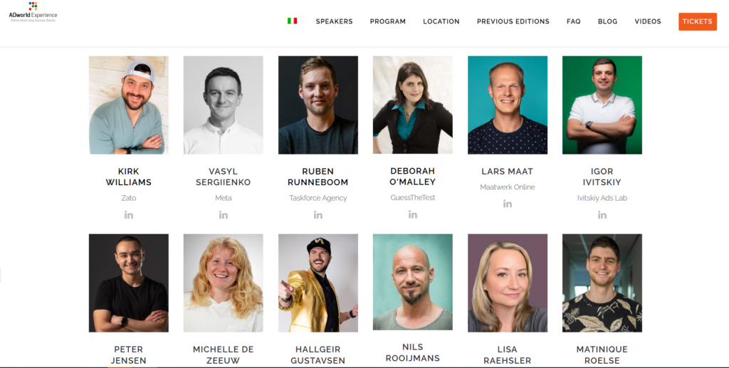 ADworld Experience website speaker lineup showcasing featured digital marketing experts and industry professionals.