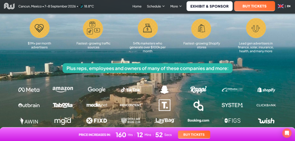 Affiliate World website graphic highlighting major brands and advertiser profiles featured ahead of the Cancun 2026 event.