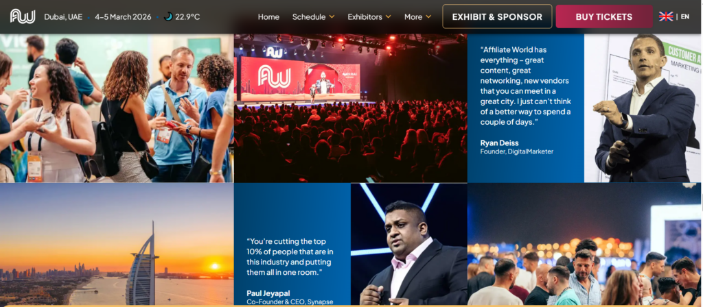 Affiliate World website showcasing networking, keynote sessions, and audience engagement at the Dubai event.