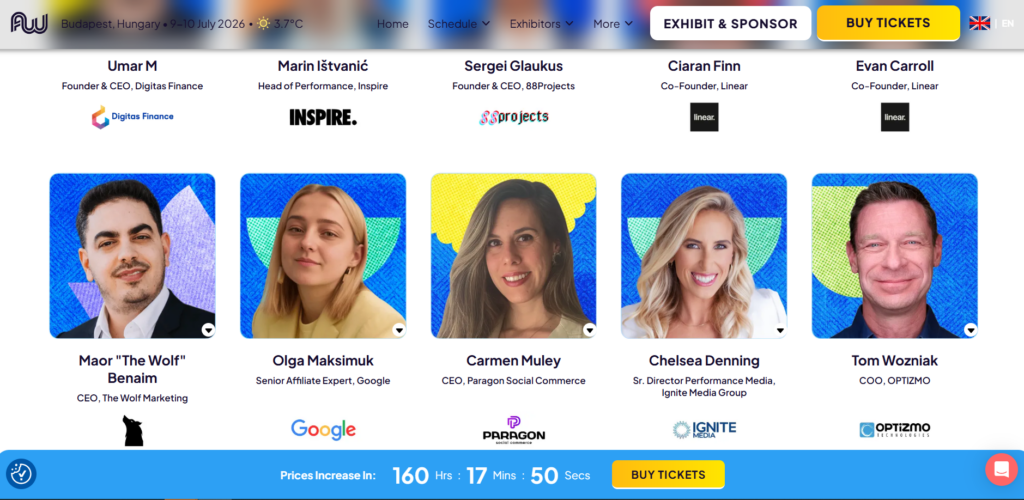 Affiliate World Europe website speaker lineup showcasing featured industry experts ahead of the Budapest 2026 event.