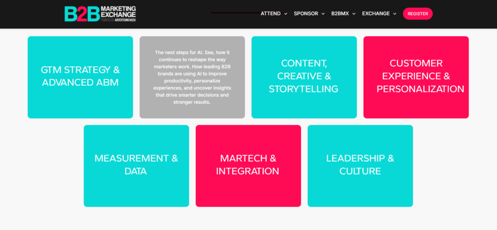 B2B Marketing Exchange agenda showing key content tracks including GTM strategy, ABM, content, CX, martech, data, and leadership.